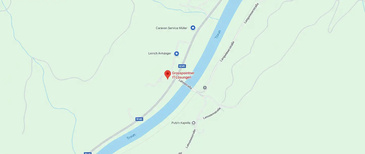 Anfahrtsskizze zu Grosspointner IT, graue Straßenelemente auf grünem Hintergrund